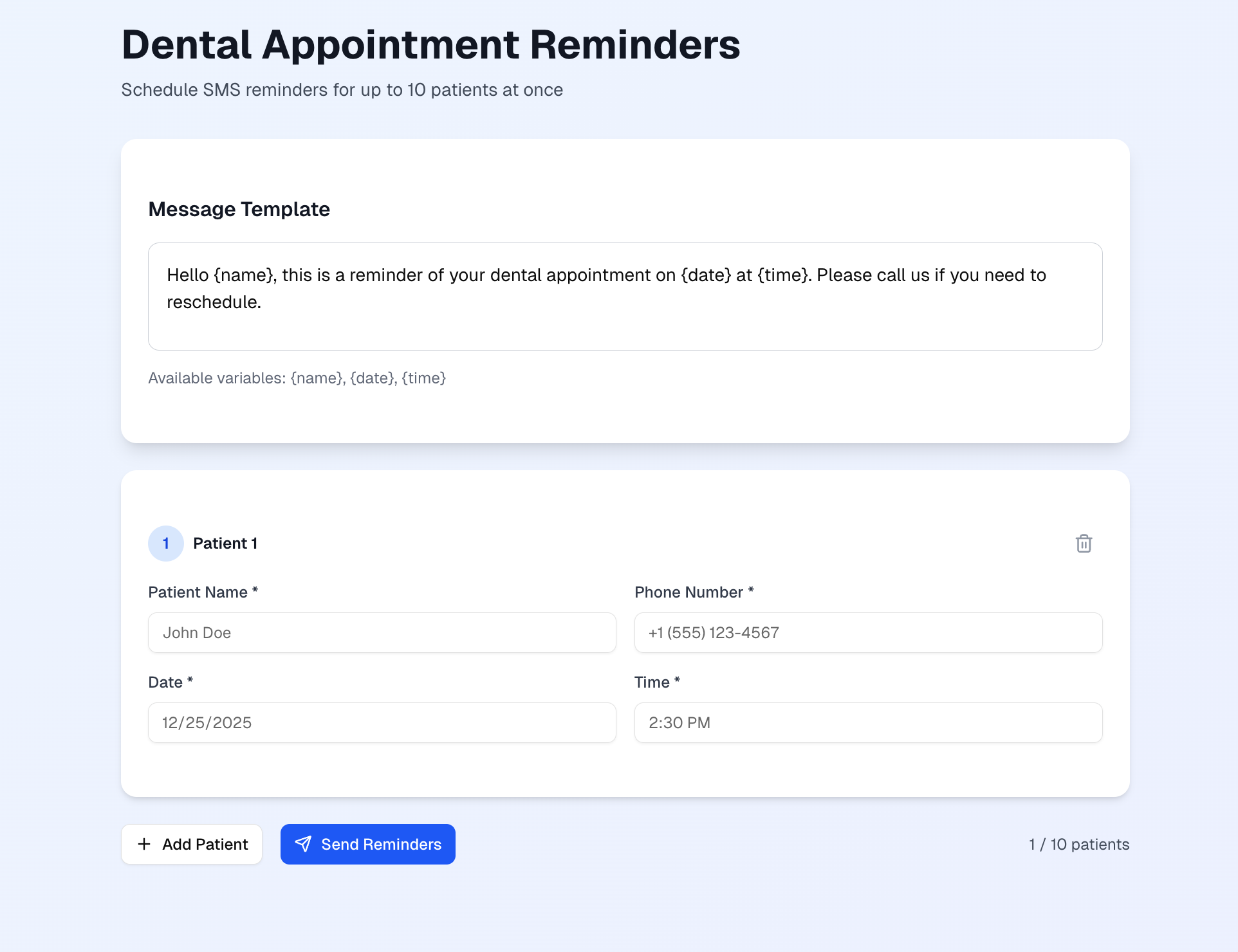 SMS reminder interface for customers or community